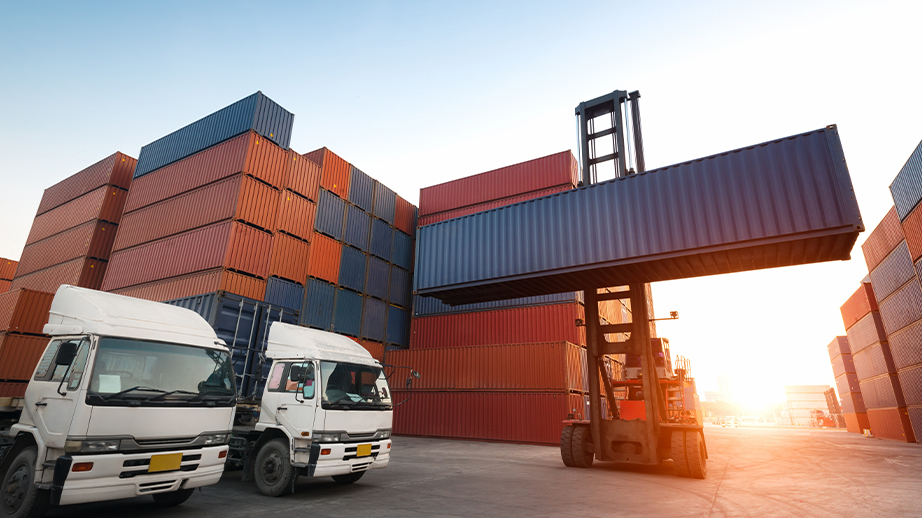 Twee vrachtwagen staan te wachten om geladen te worden. Een heftruck brengt een container. Op het domein staan veel containers netjes op elkaar gestapeld. Een blik in de boeiende wereld van logistiek en transport.