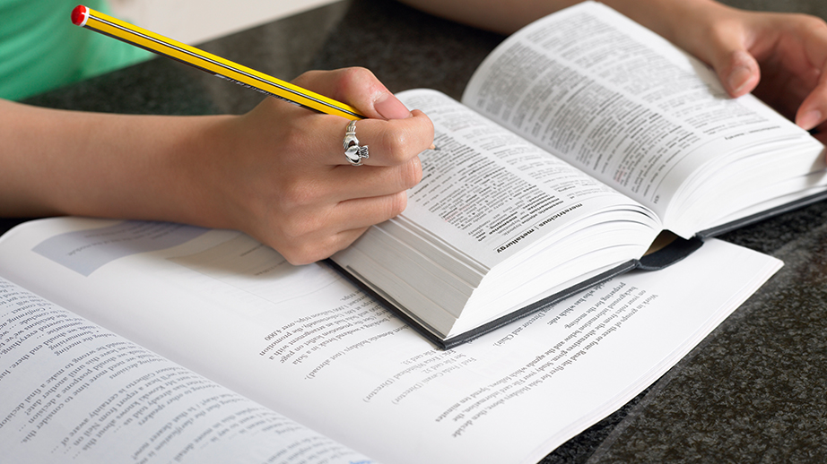 Twee handen bladeren in een woordenboek. In de linkerhand houdt de persoon een potlood vast. Onder het woordenboek ligt een ander boek. De persoon zoekt woorden op om de tekst beter te begrijpen. Zo kan je bijleren over je moedertaal.